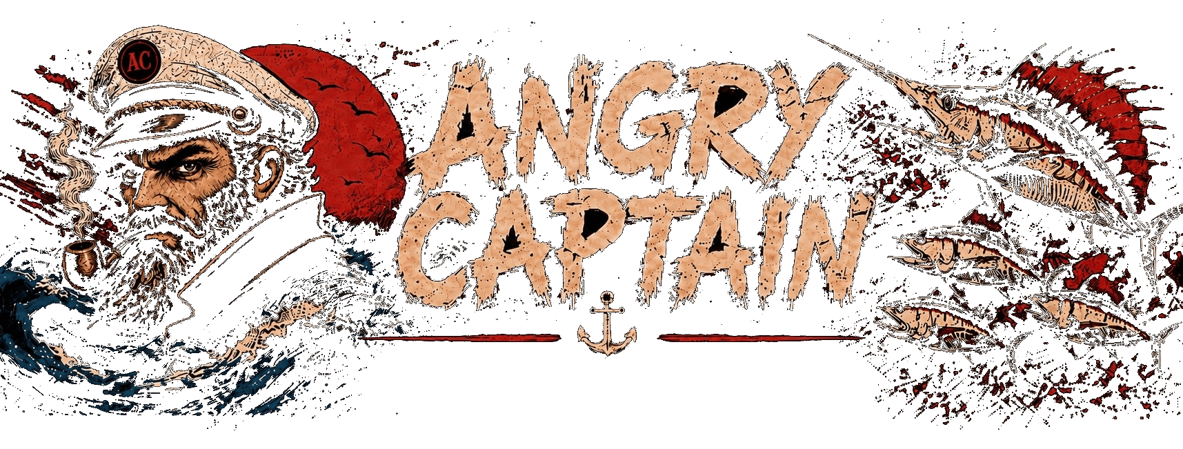 Bearded angry captain with swordfish and anchor