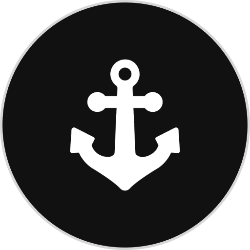 White anchor icon on black circle background.