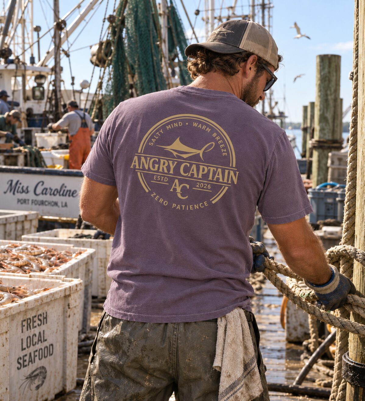 Fisherman hauling rope beside shrimp crates on dock