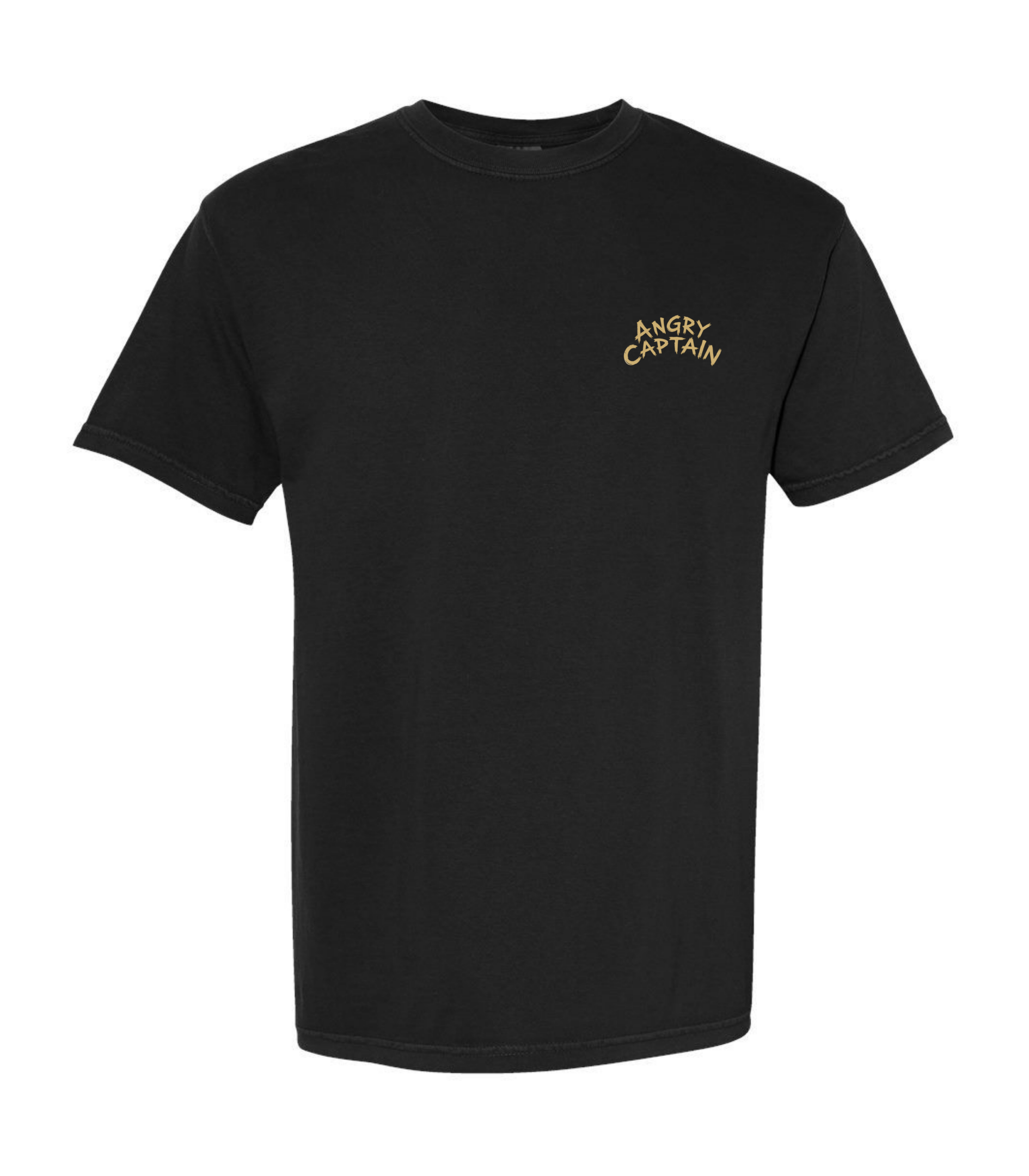 Black t-shirt with small yellow "Angry Captain" logo