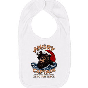 White baby bib with angry sea captain