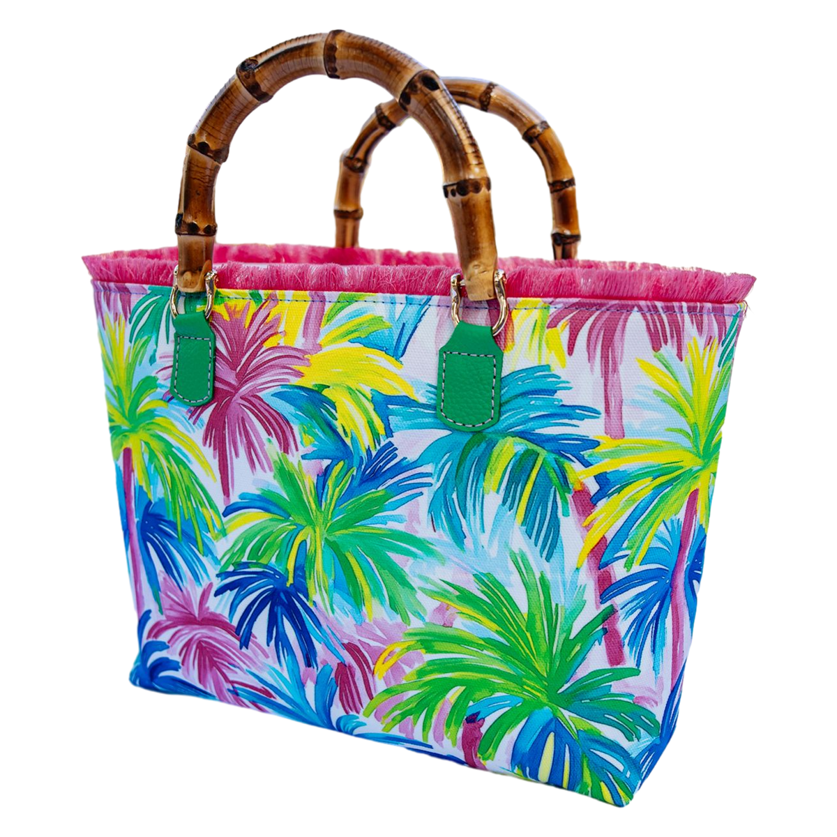 Colorful tropical palm print tote with bamboo handles