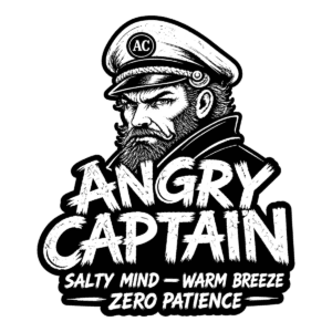 Angry bearded sea captain illustration with bold text