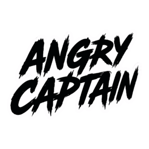 Stylized black brushstroke text Angry Captain
