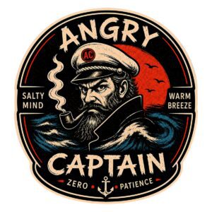 Angry bearded ship captain smoking pipe emblem