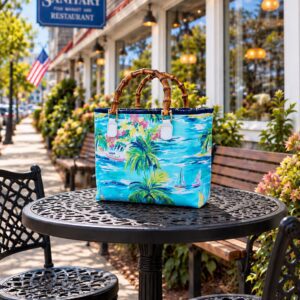Colorful tropical beach tote with bamboo handles