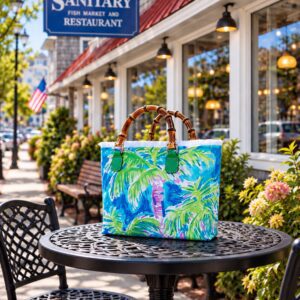 Tropical print tote bag on outdoor cafe table