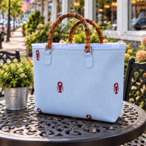Light blue tote with bamboo handles and lobsters