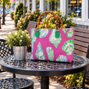 Pink seashell-print tote bag with bamboo handles