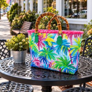 Colorful tropical handbag on outdoor table