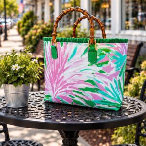 Pink green patterned tote with bamboo handles