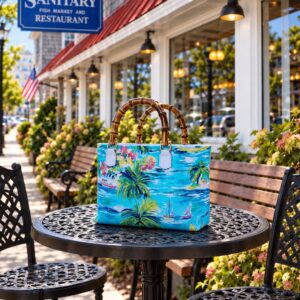 Tropical print handbag on outdoor cafe table