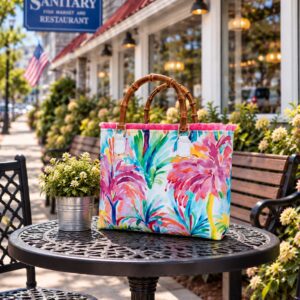 Colorful floral tote bag on outdoor cafe table