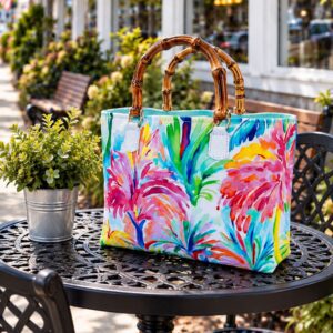 Colorful floral tote bag with bamboo handles