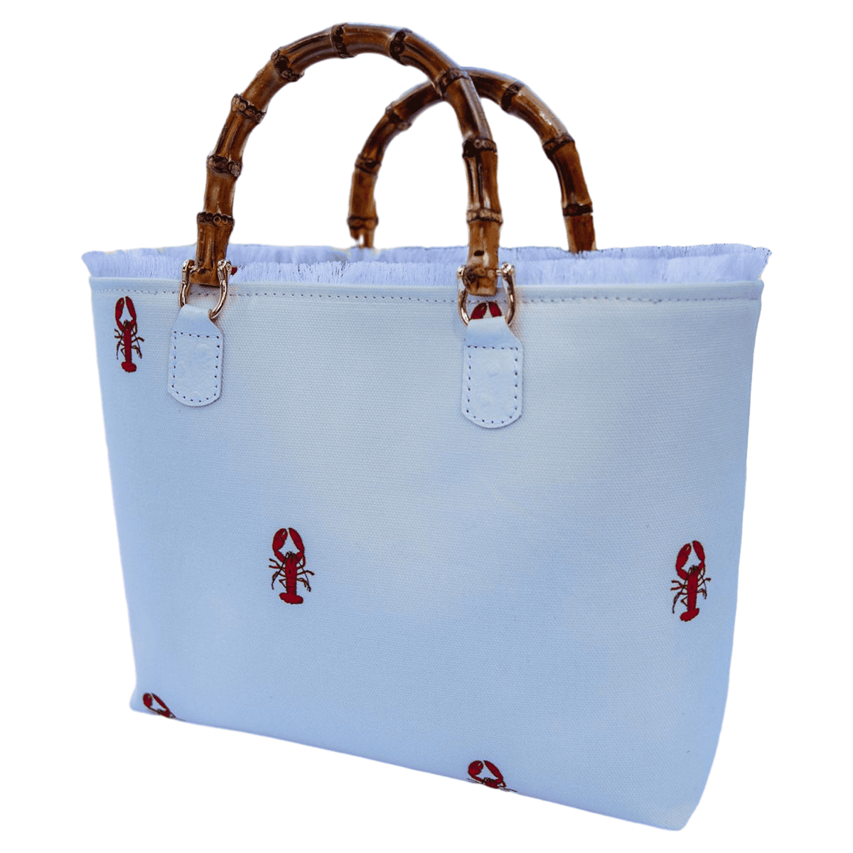 White lobster-print tote with bamboo handles