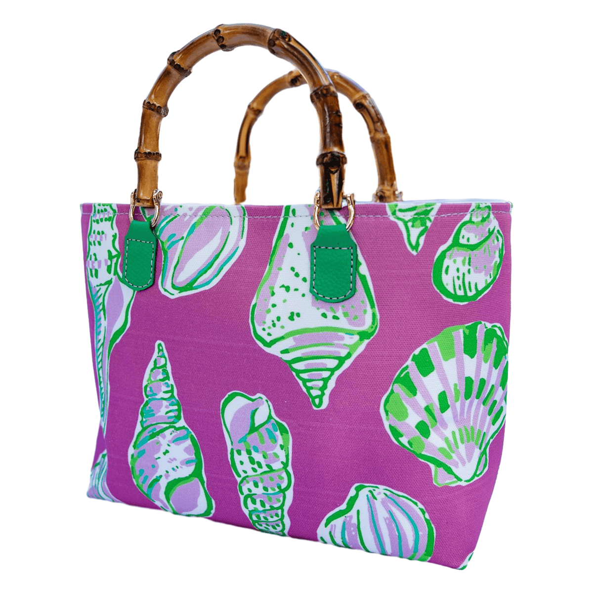Purple seashell tote bag with bamboo handles