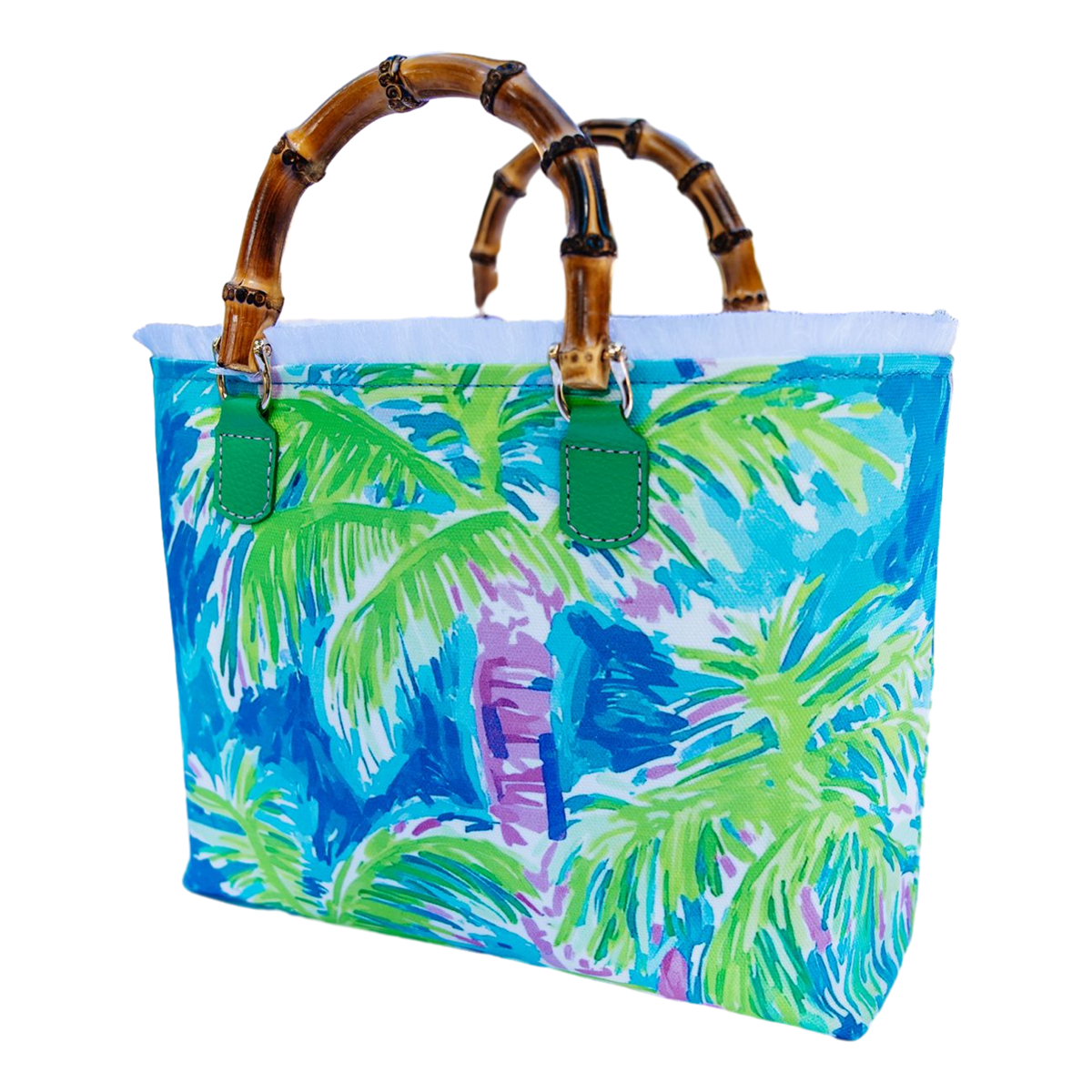 Blue tropical print tote bag with bamboo handles