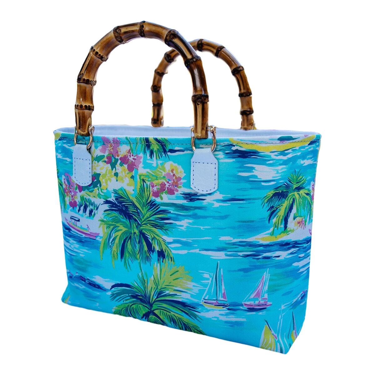 Tropical print tote bag with bamboo handles